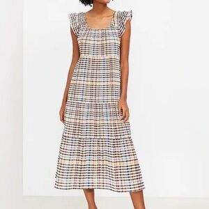LOFT Flutter Sleeve Cotton Maxi Dress Plaid Size Medium